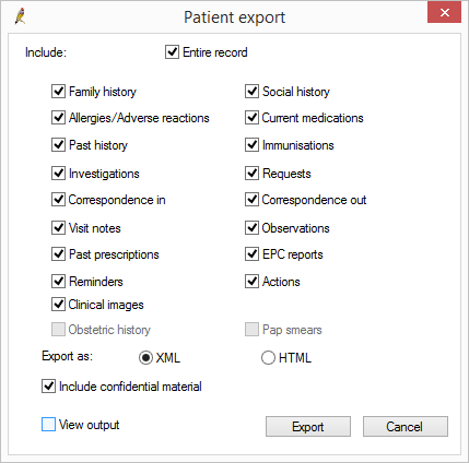 Best Practice export patient screen