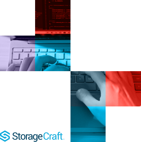 A set of red purple and blue squares in a cross shape with a laptop image behind.