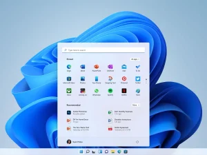 Windows 11 desktop showing the start menu in the centre