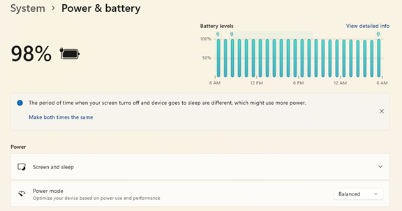 Battery and power settings dialog